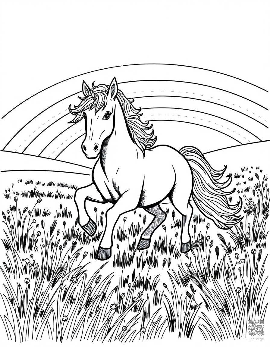 unicorn running through a rainbow meadow coloring page Crosshatch style - free printable