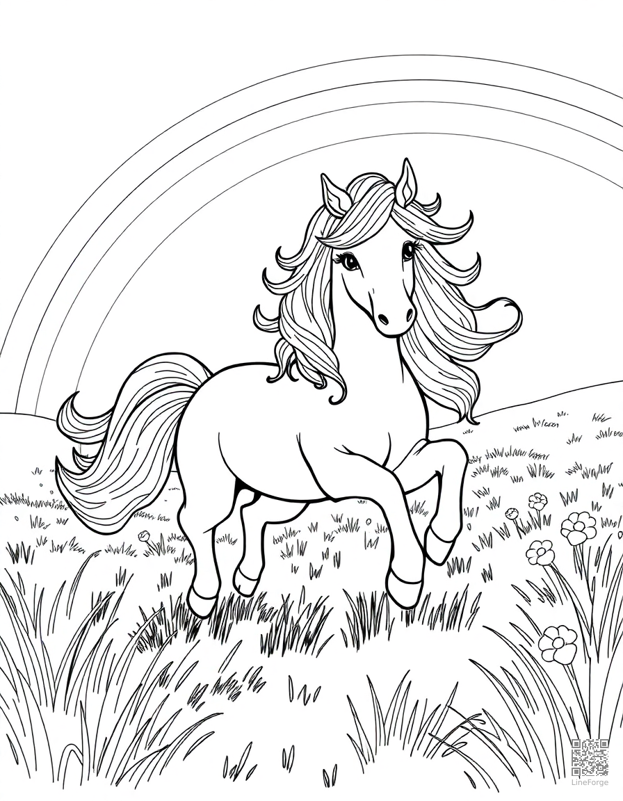 unicorn running through a rainbow meadow coloring page Manga style - free printable
