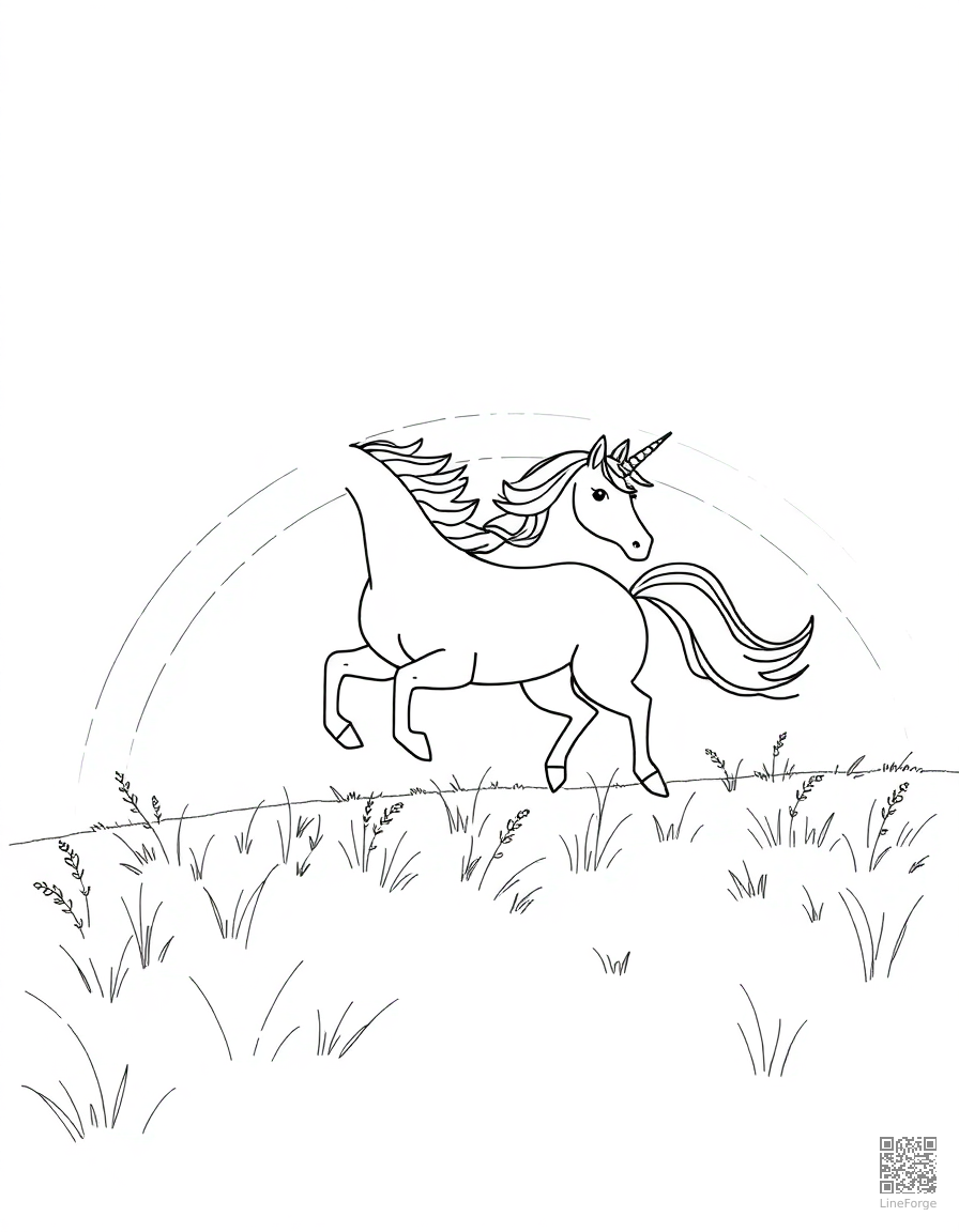 unicorn running through a rainbow meadow coloring page Minimal style - free printable