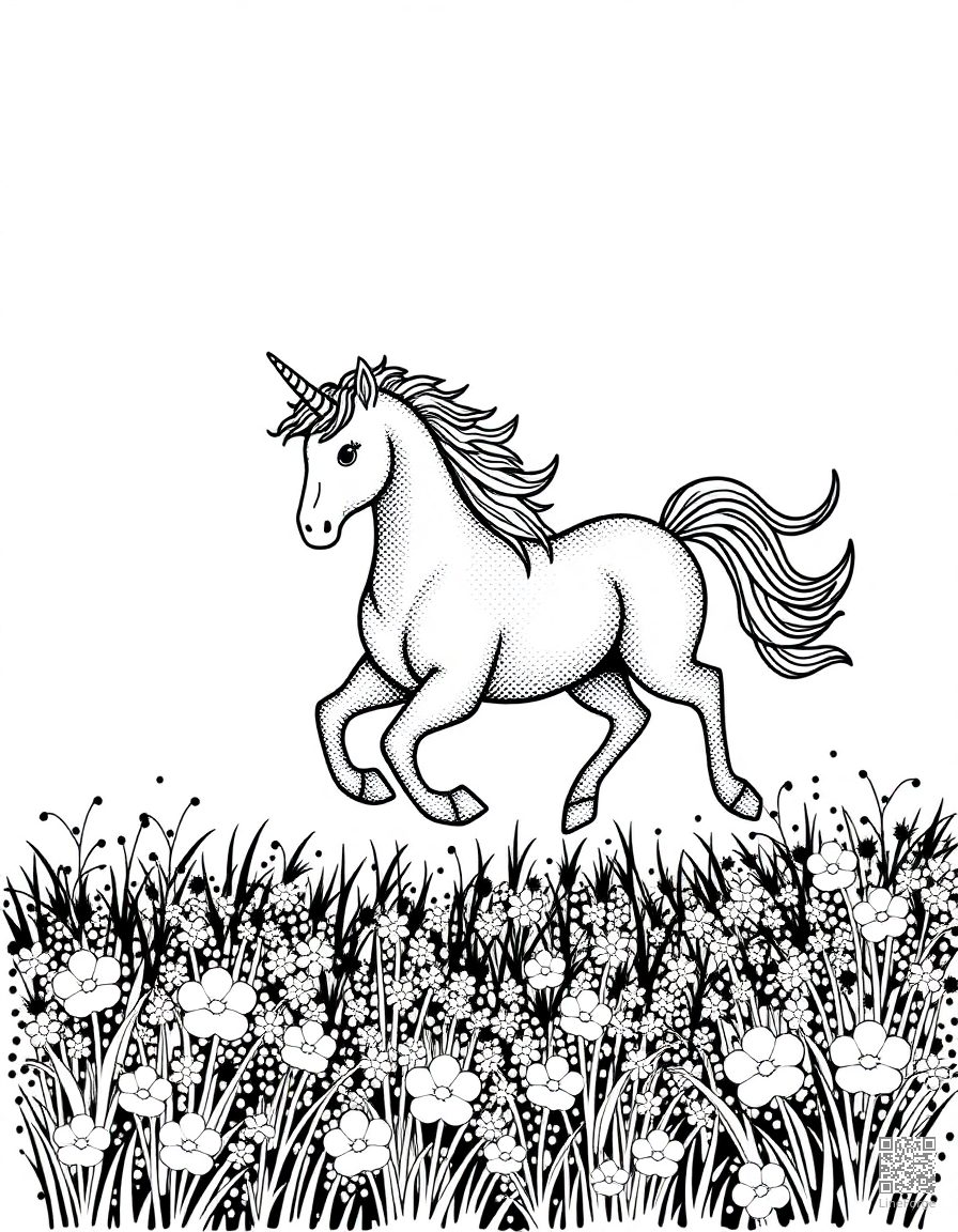 unicorn running through a rainbow meadow coloring page Stipple style - free printable