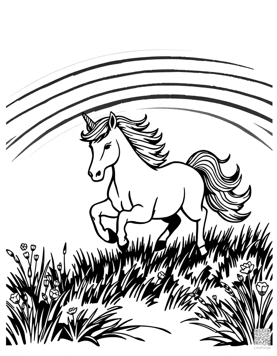 unicorn running through a rainbow meadow coloring page Woodcut style - free printable