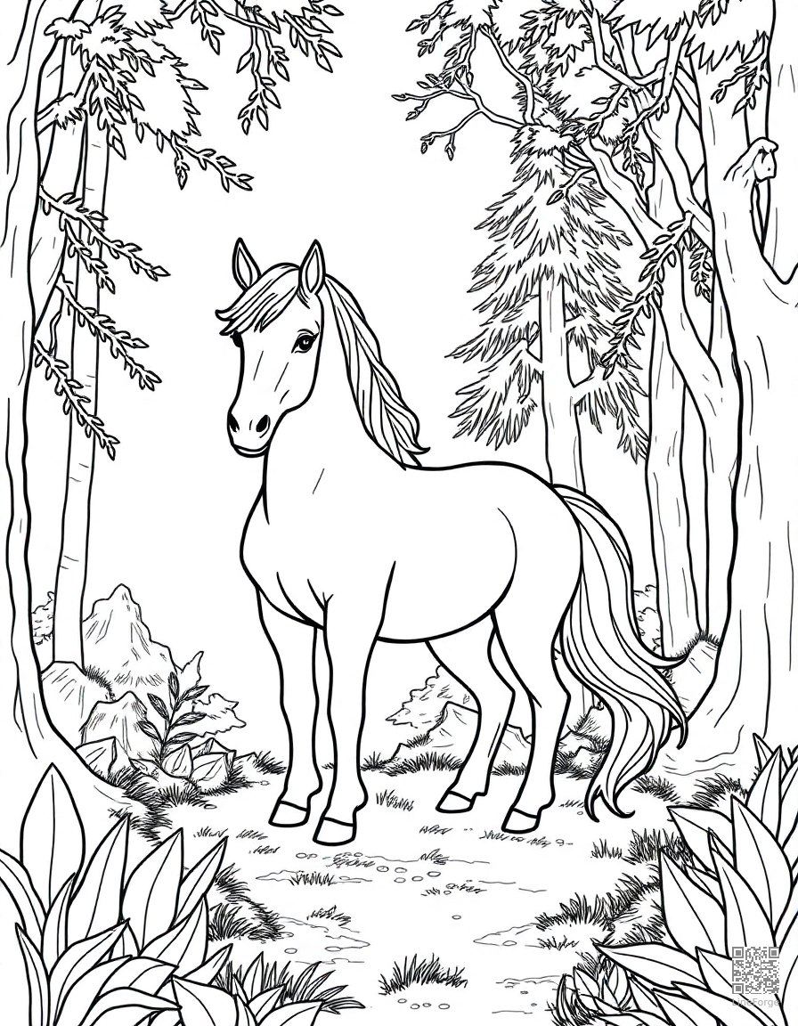 Free unicorn standing in an enchanted forest glade coloring page in contour style — printable line art