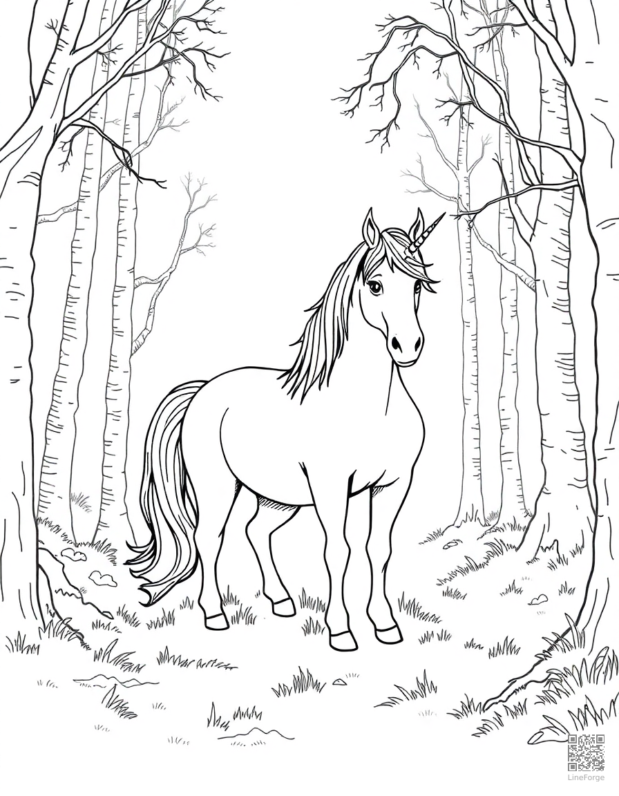Free unicorn standing in an enchanted forest glade coloring page in crosshatch style — printable line art