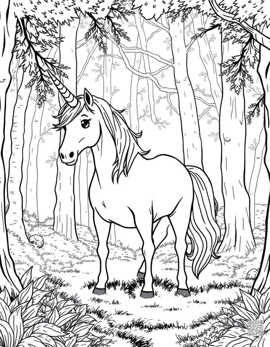 Free unicorn standing in an enchanted forest glade coloring page in manga style — printable line art