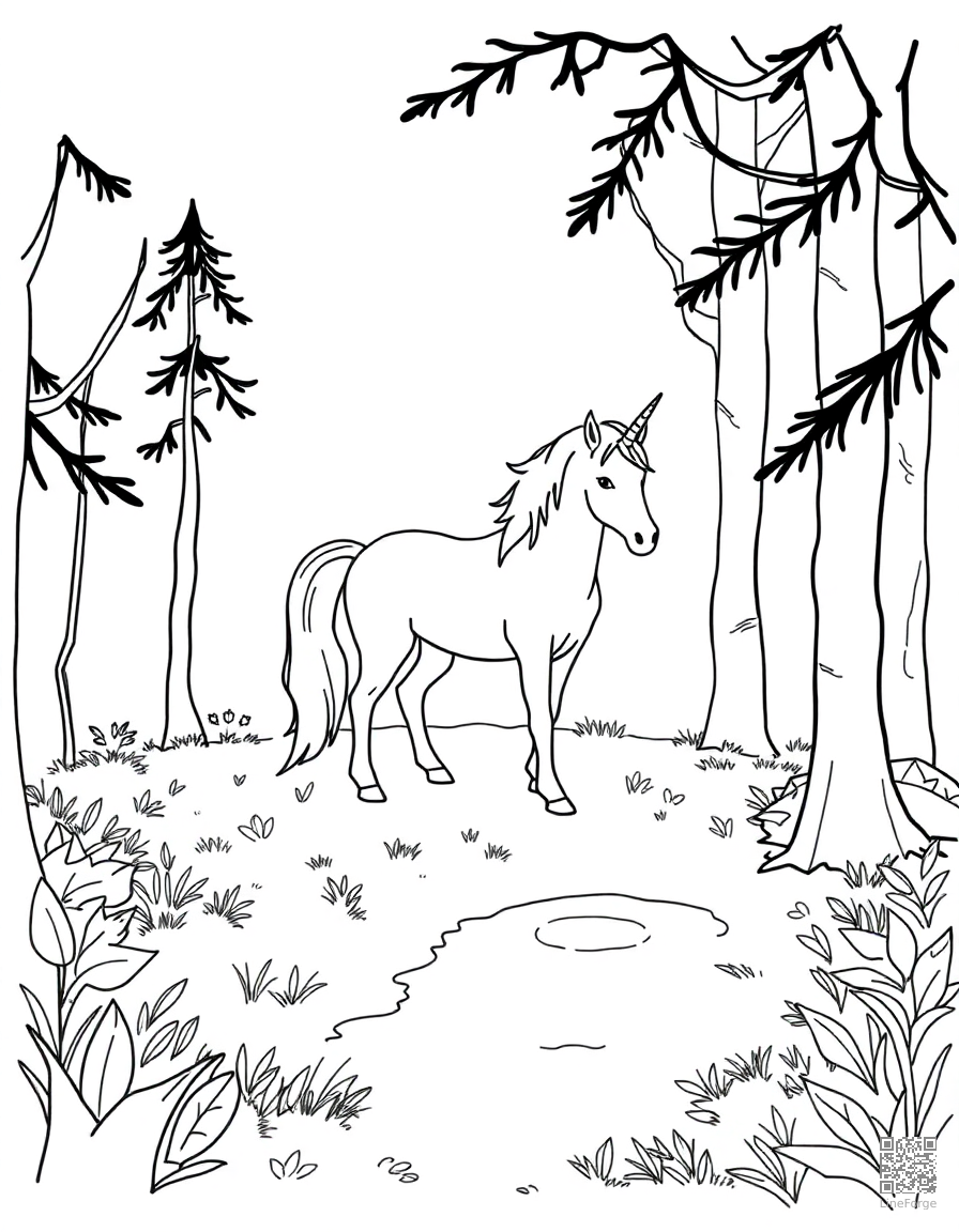 Free unicorn standing in an enchanted forest glade coloring page in minimal style — printable line art