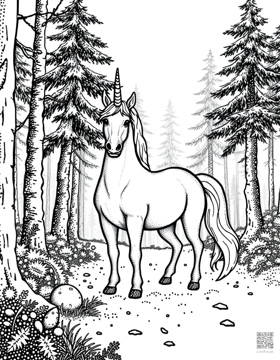 Free unicorn standing in an enchanted forest glade coloring page in stipple style — printable line art