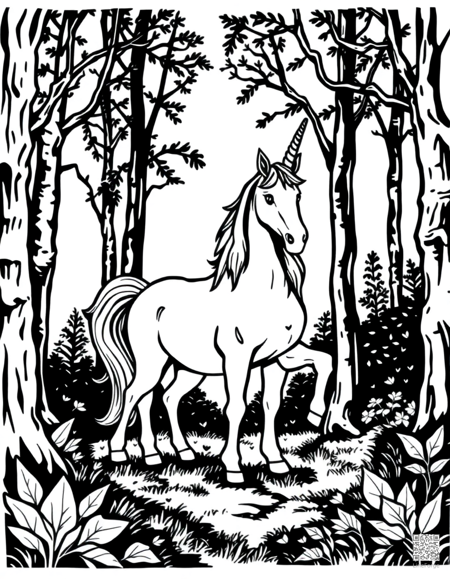Free unicorn standing in an enchanted forest glade coloring page in woodcut style — printable line art