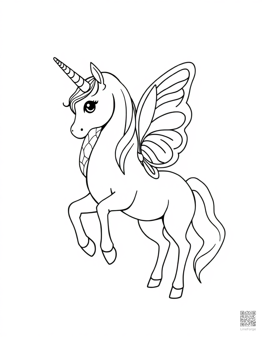 unicorn with butterfly wings coloring page Contour style - free printable