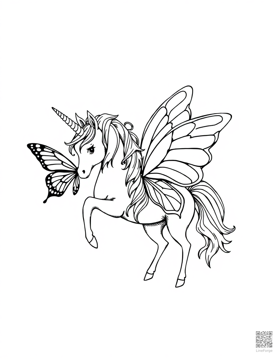 unicorn with butterfly wings coloring page Crosshatch style - free printable