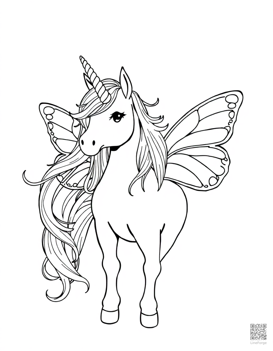 unicorn with butterfly wings coloring page Manga style - free printable