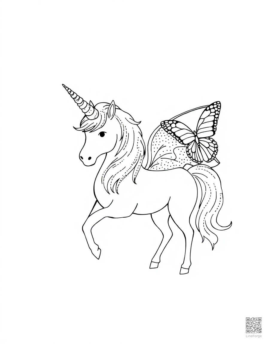 unicorn with butterfly wings coloring page Stipple style - free printable