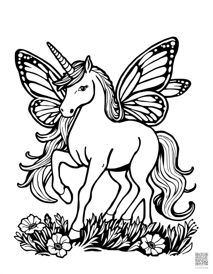 unicorn with butterfly wings coloring page Woodcut style - free printable