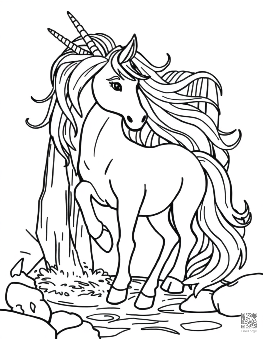 Free unicorn with flowing mane beside a magical waterfall coloring page in contour style — printable line art