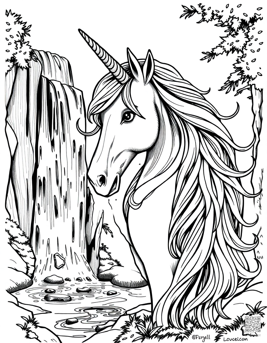 unicorn with flowing mane beside a magical waterfall coloring page Crosshatch style - free printable