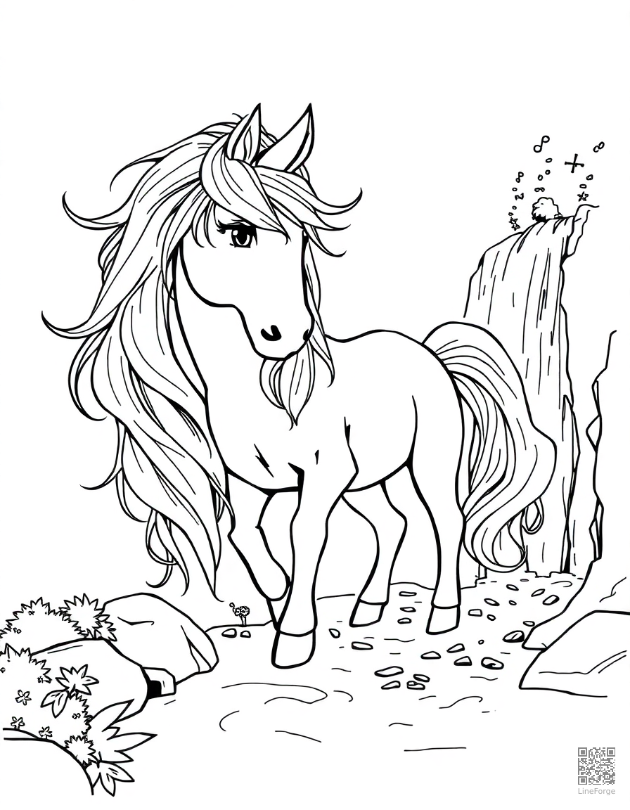 Free unicorn with flowing mane beside a magical waterfall coloring page in manga style — printable line art