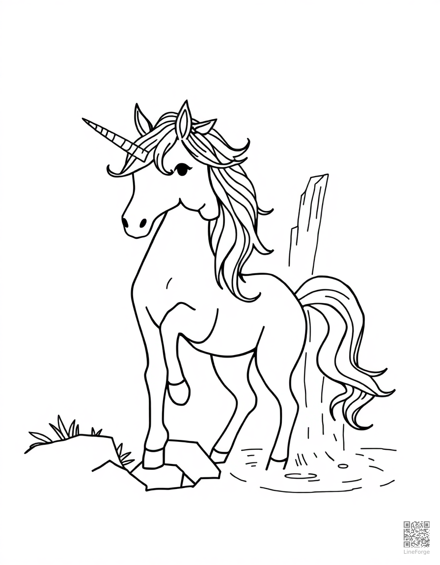 unicorn with flowing mane beside a magical waterfall coloring page Minimal style - free printable