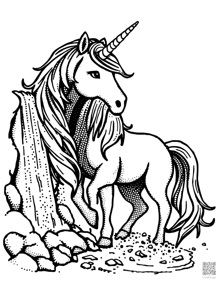 Free unicorn with flowing mane beside a magical waterfall coloring page in stipple style — printable line art