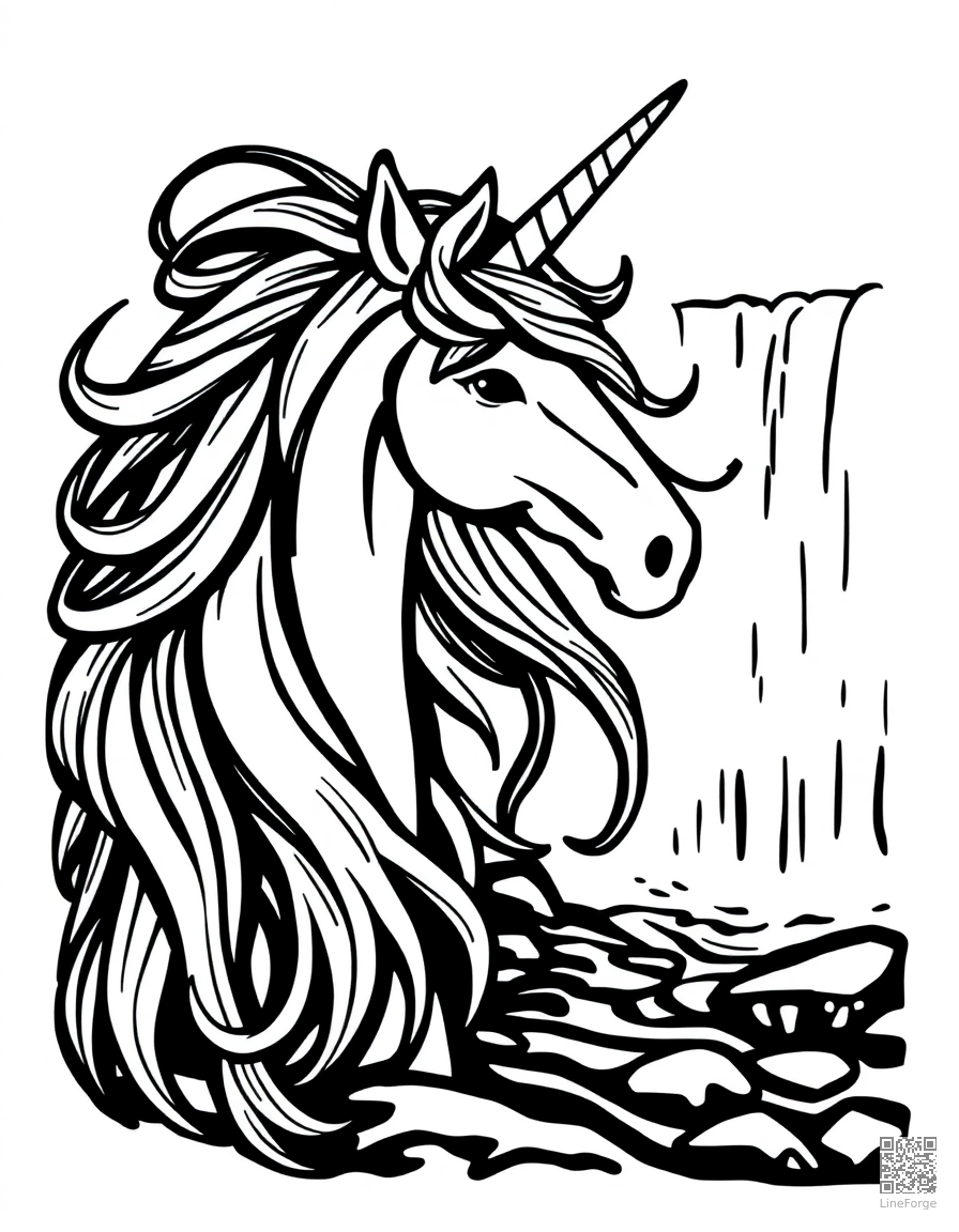 unicorn with flowing mane beside a magical waterfall coloring page Woodcut style - free printable