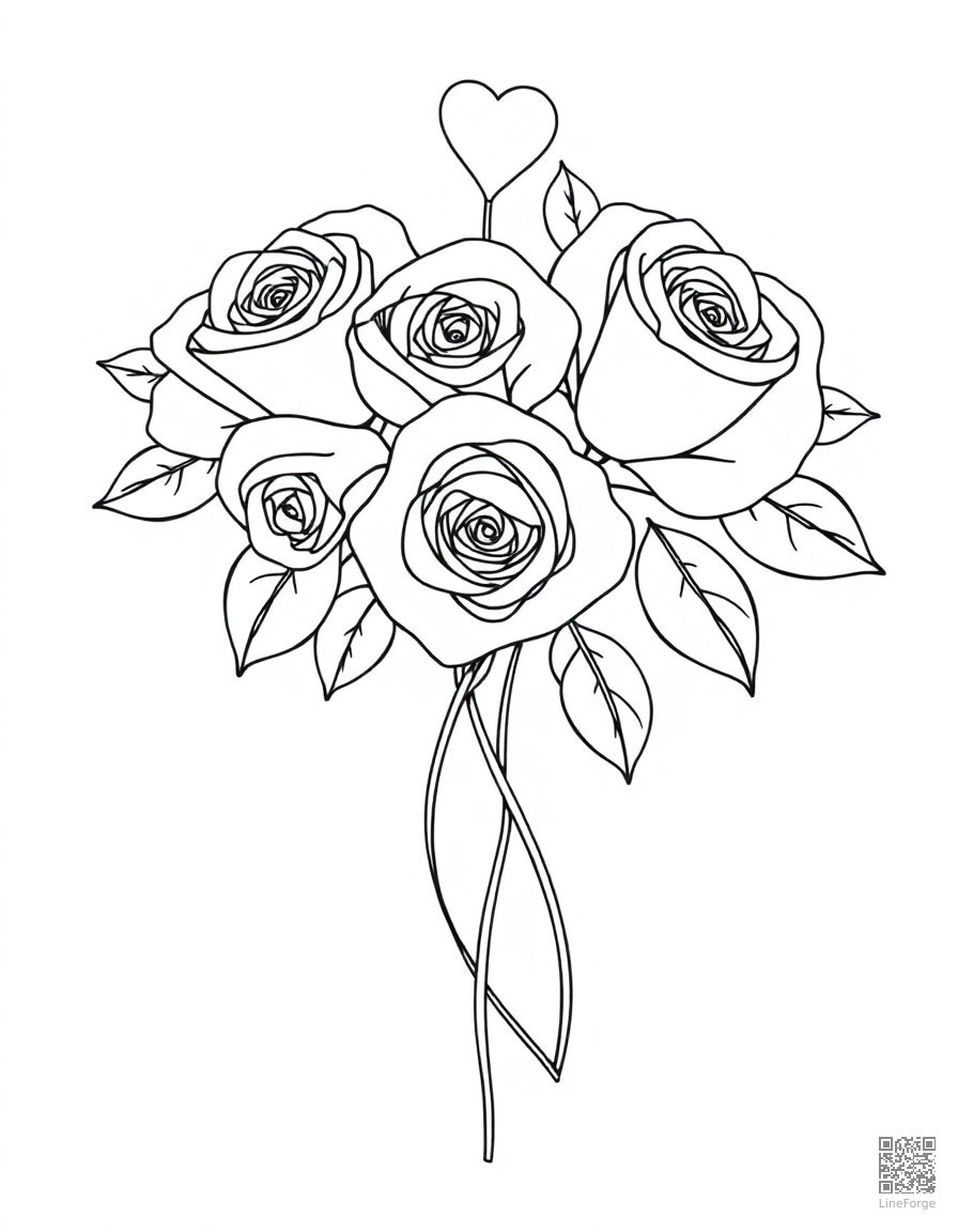 valentine card with roses and ribbons coloring page Contour style - free printable