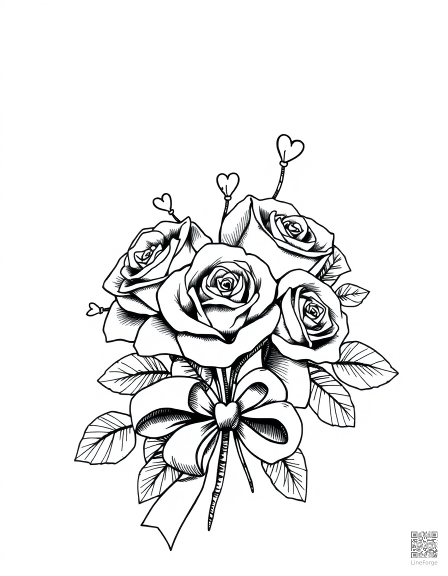 valentine card with roses and ribbons coloring page Crosshatch style - free printable