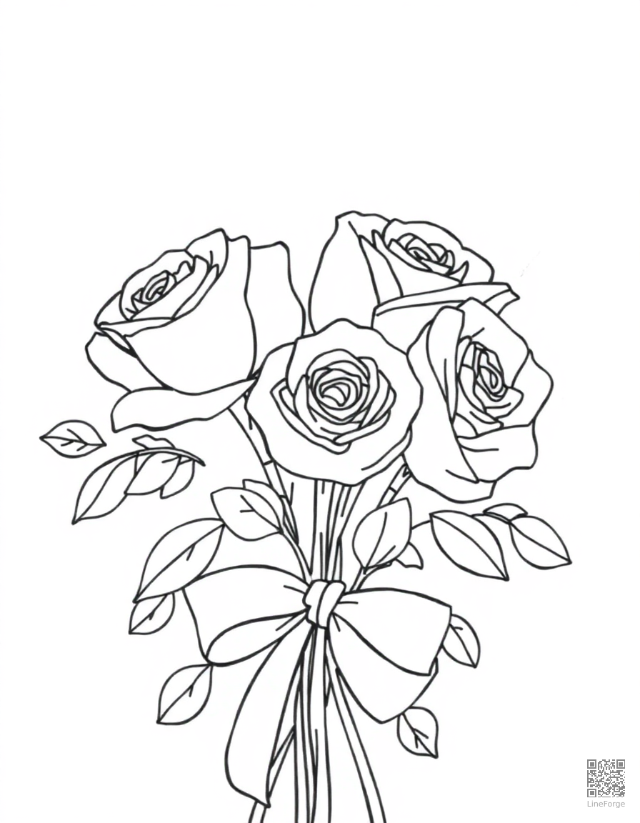 valentine card with roses and ribbons coloring page Minimal style - free printable