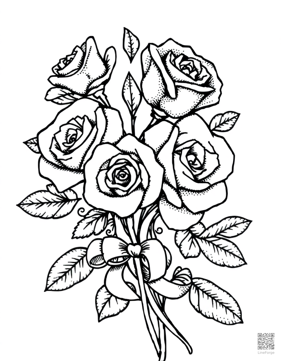 valentine card with roses and ribbons coloring page Stipple style - free printable