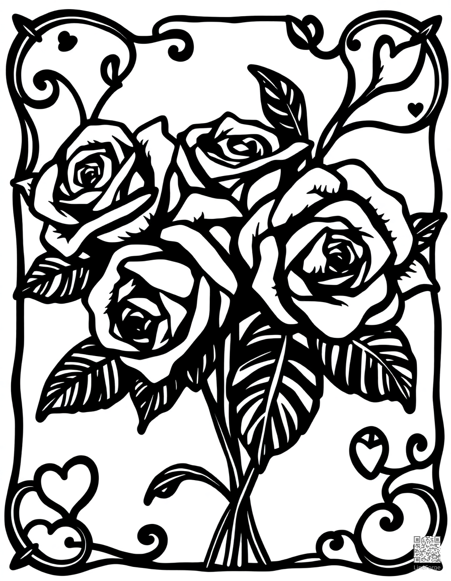 valentine card with roses and ribbons coloring page Woodcut style - free printable