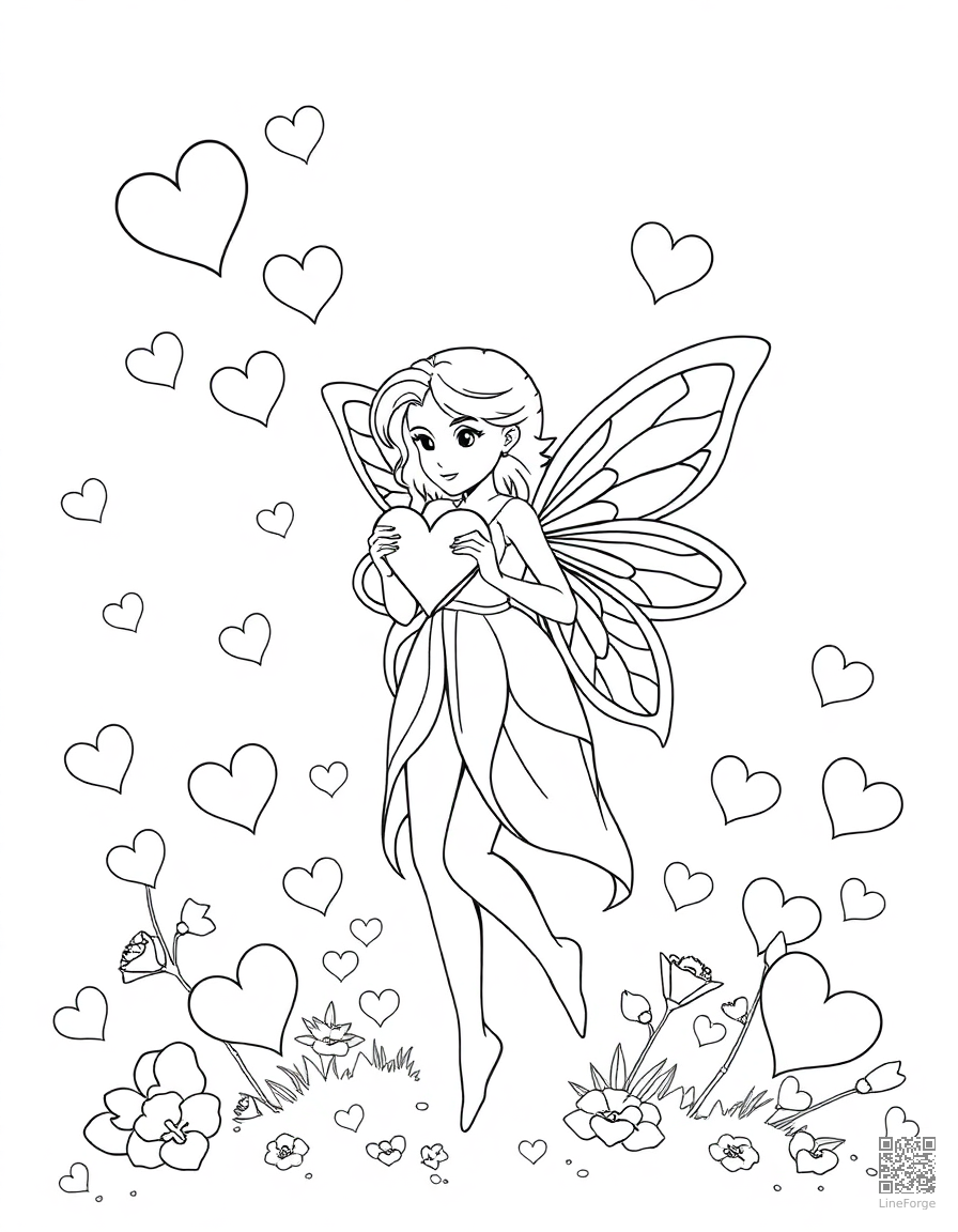 valentine fairy spreading heart magic coloring page Contour style - free printable
