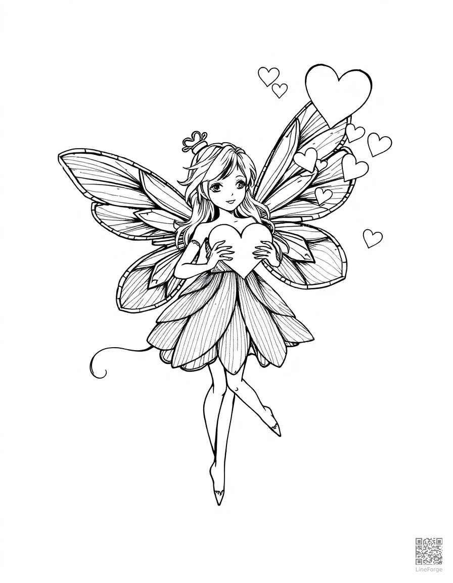 valentine fairy spreading heart magic coloring page Crosshatch style - free printable