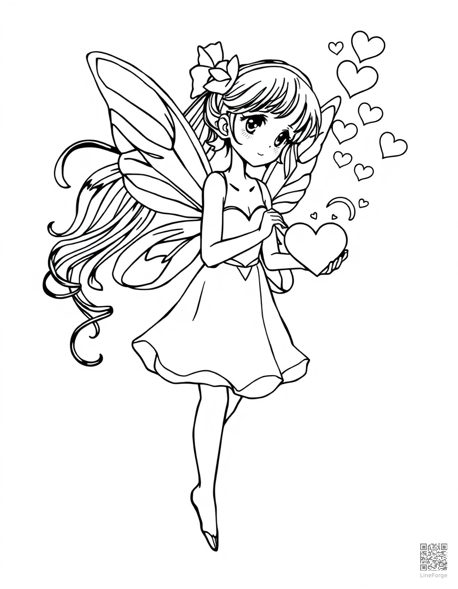 valentine fairy spreading heart magic coloring page Manga style - free printable