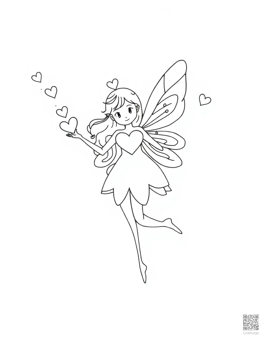 valentine fairy spreading heart magic coloring page Minimal style - free printable