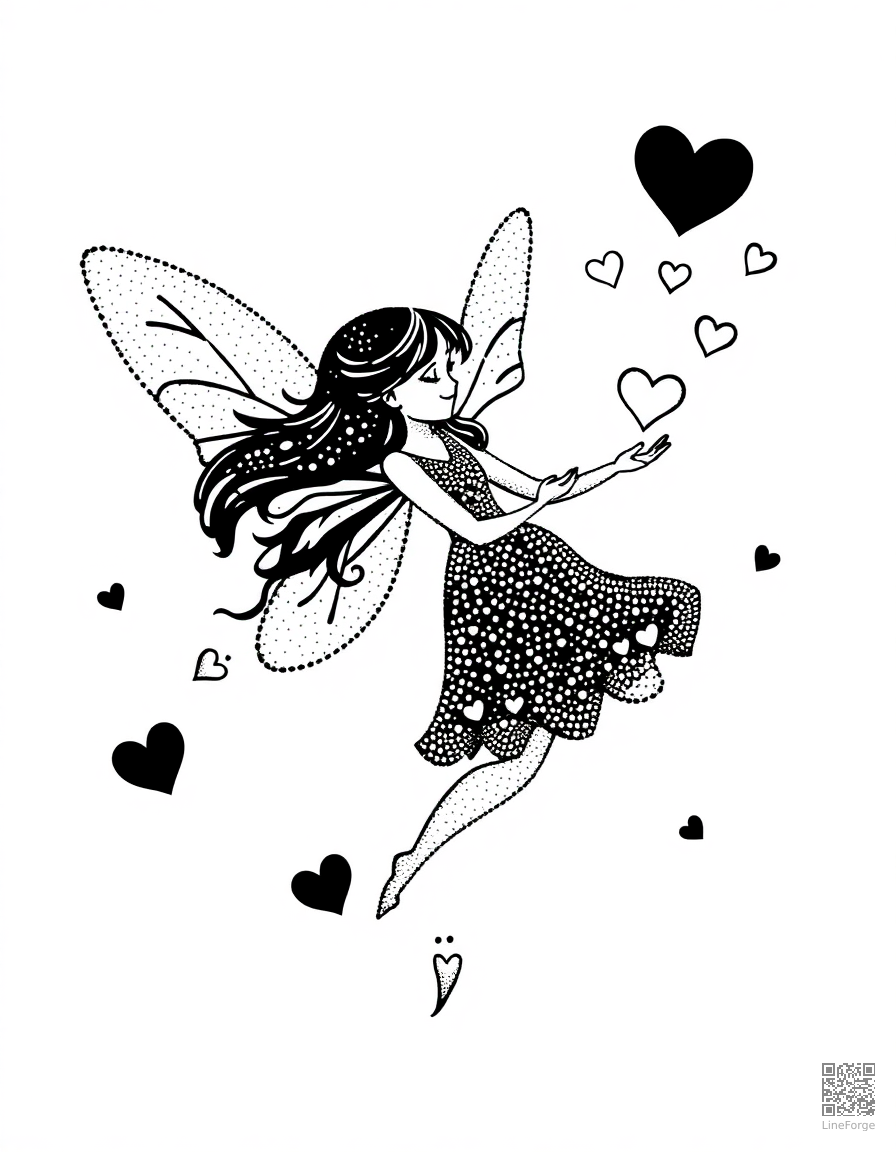 valentine fairy spreading heart magic coloring page Stipple style - free printable