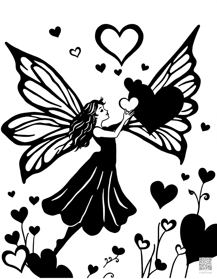 valentine fairy spreading heart magic coloring page Woodcut style - free printable