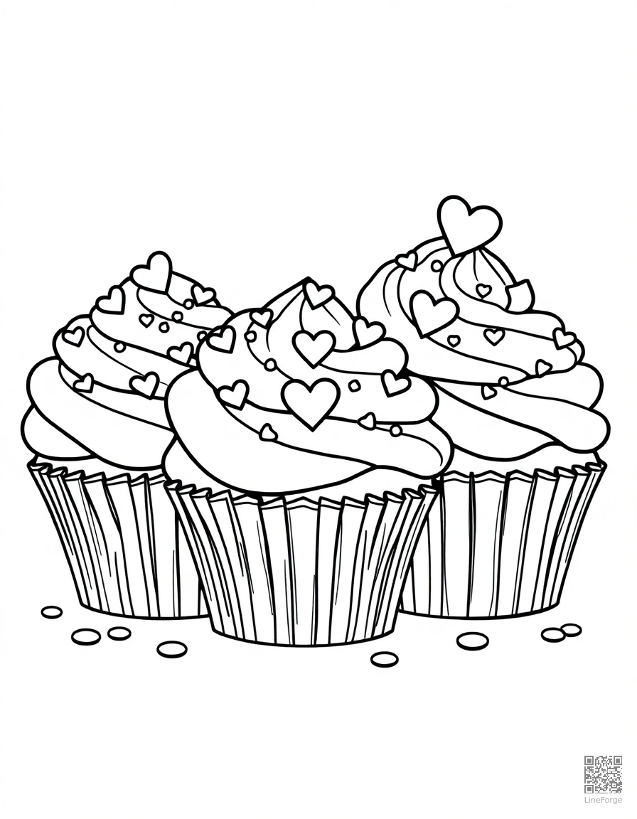 valentines cupcakes with heart sprinkles coloring page Contour style - free printable