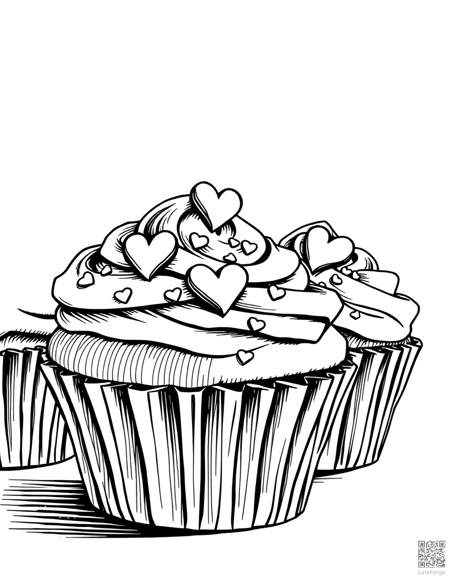 valentines cupcakes with heart sprinkles coloring page Crosshatch style - free printable