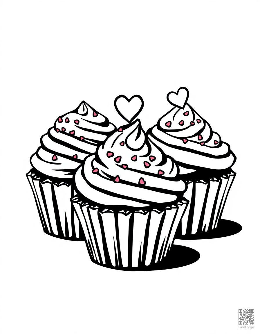 valentines cupcakes with heart sprinkles coloring page Woodcut style - free printable