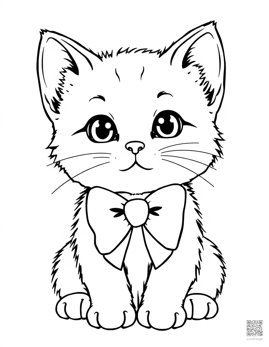 valentines day kitten with bow coloring page Contour style - free printable