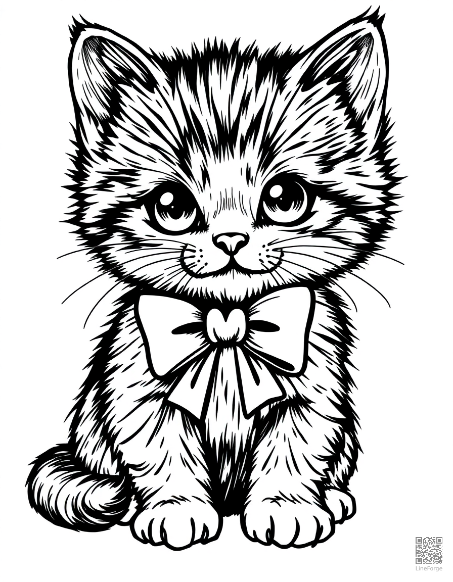valentines day kitten with bow coloring page Crosshatch style - free printable
