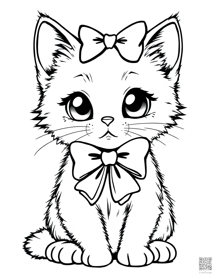 valentines day kitten with bow coloring page Manga style - free printable