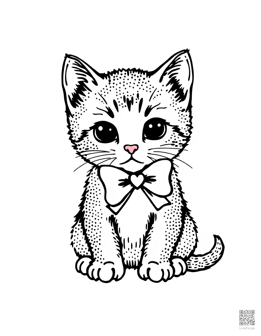 valentines day kitten with bow coloring page Stipple style - free printable