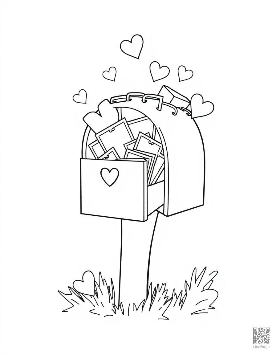 valentines day mailbox overflowing with cards coloring page Contour style - free printable