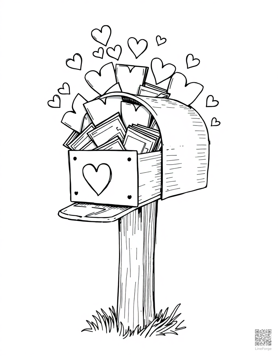 valentines day mailbox overflowing with cards coloring page Crosshatch style - free printable