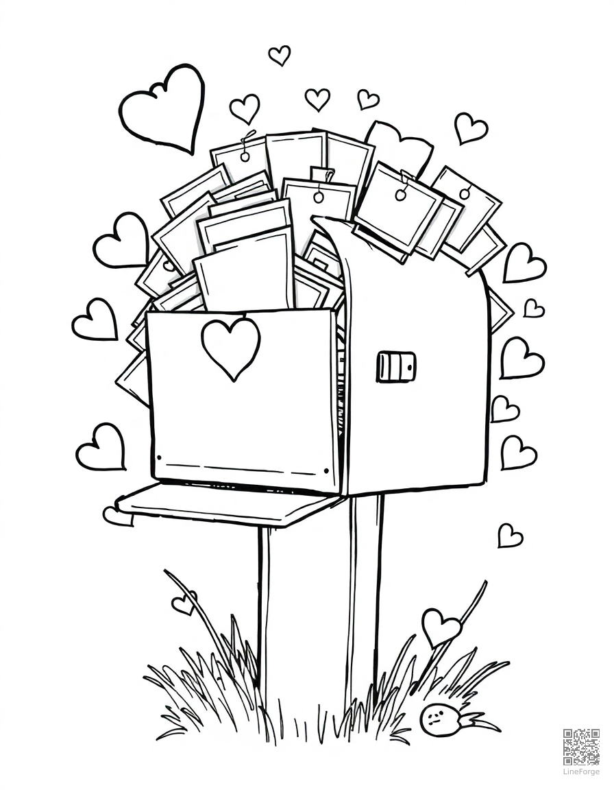 valentines day mailbox overflowing with cards coloring page Manga style - free printable