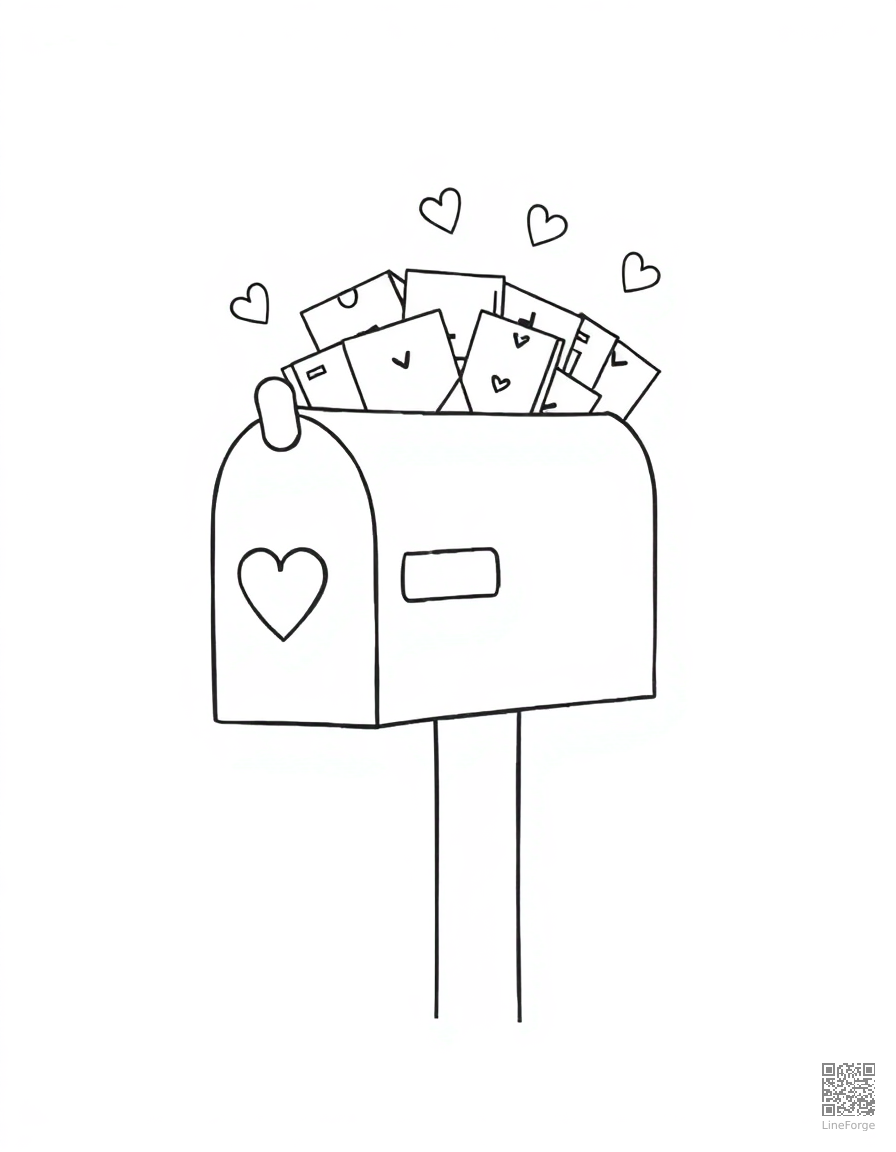 valentines day mailbox overflowing with cards coloring page Minimal style - free printable