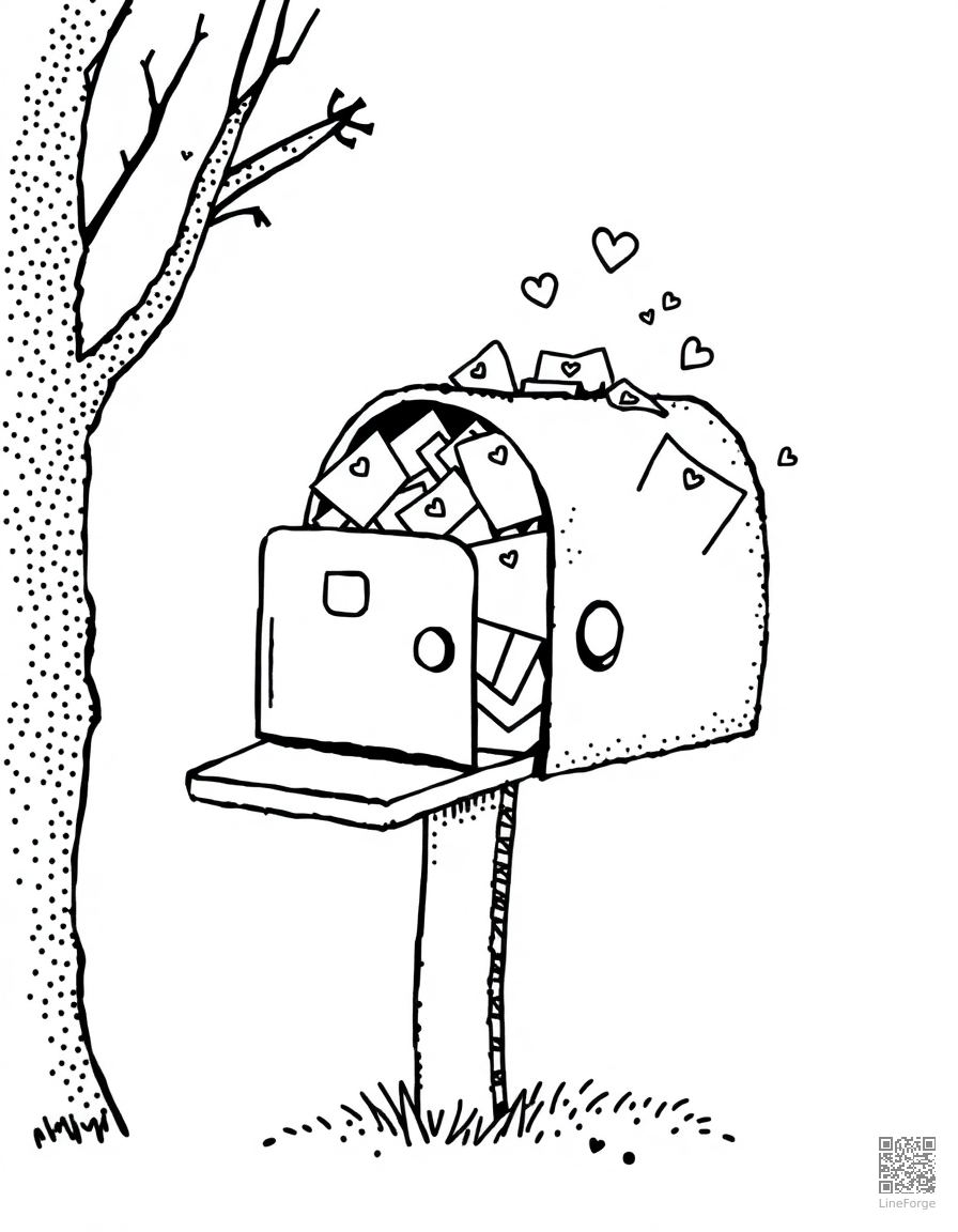 valentines day mailbox overflowing with cards coloring page Stipple style - free printable