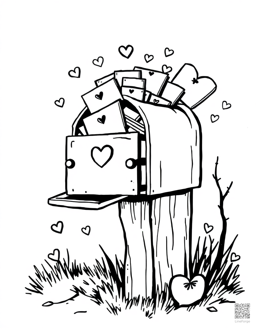 valentines day mailbox overflowing with cards coloring page Woodcut style - free printable