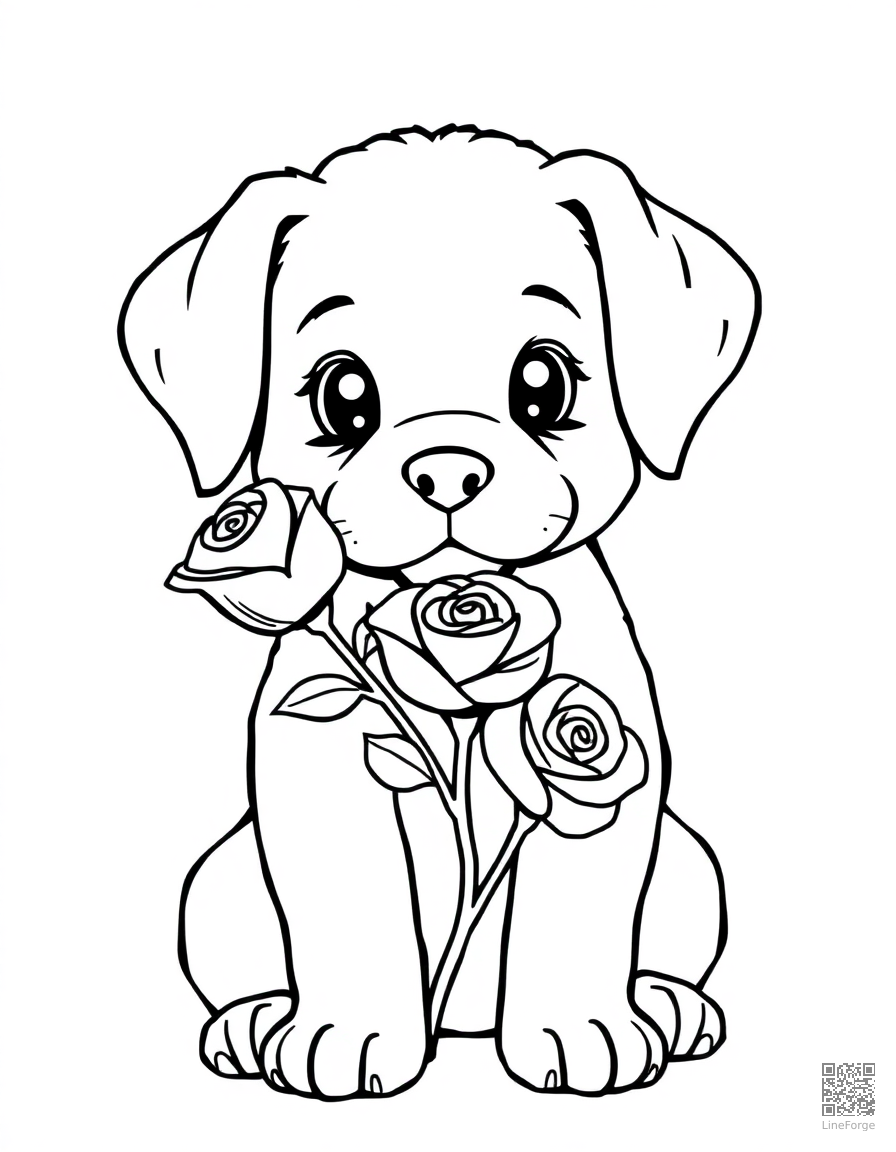 valentines day puppy with a rose coloring page Contour style - free printable