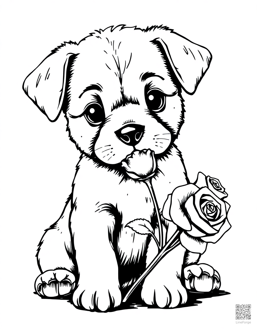 valentines day puppy with a rose coloring page Crosshatch style - free printable