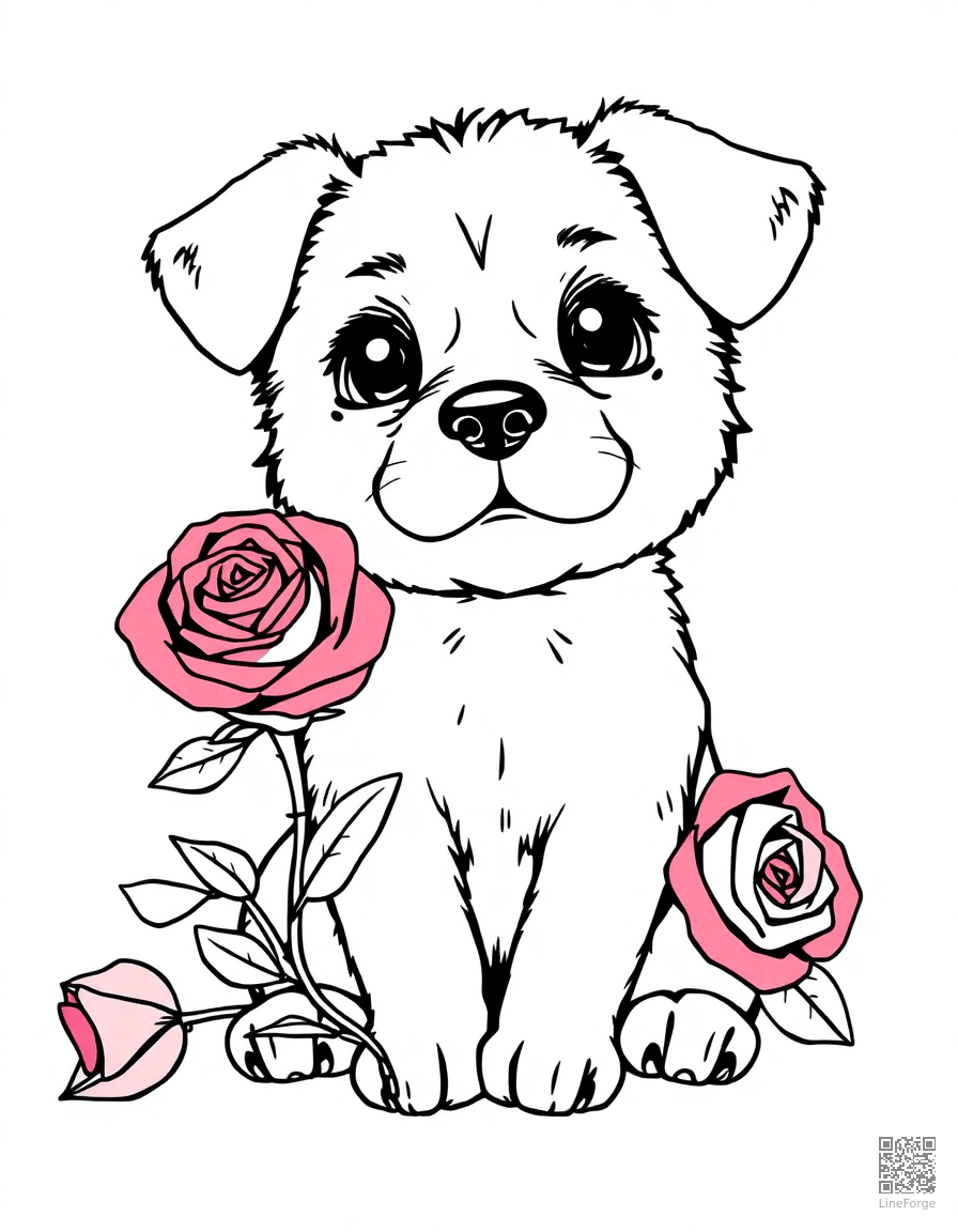 valentines day puppy with a rose coloring page Manga style - free printable
