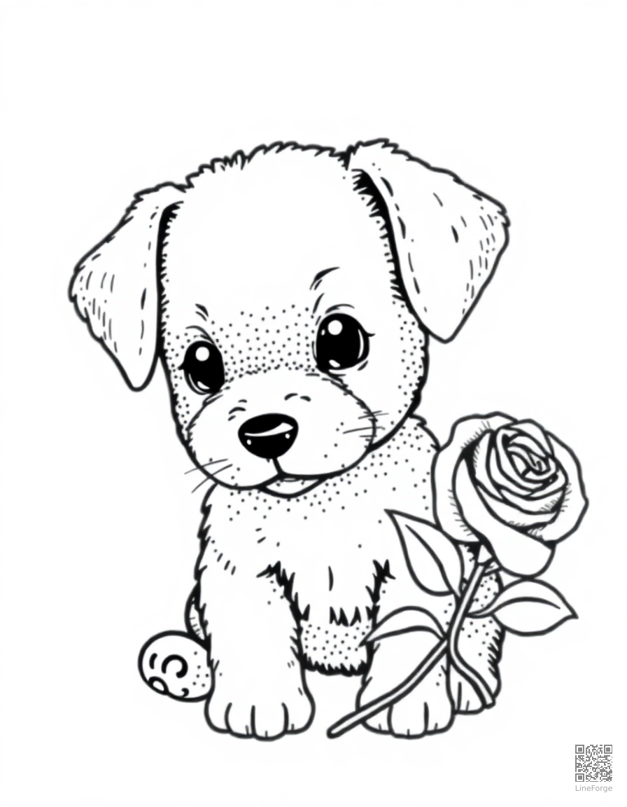 valentines day puppy with a rose coloring page Stipple style - free printable